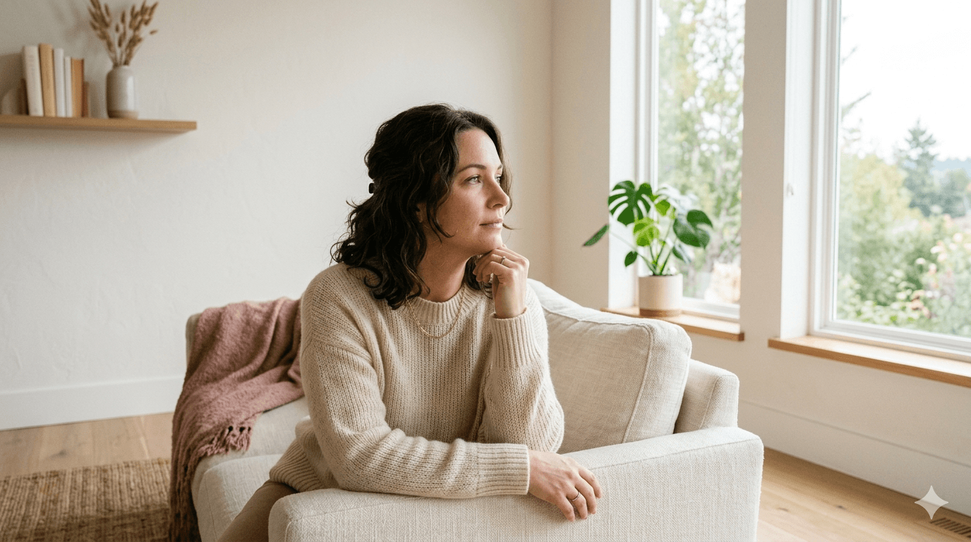 Woman sitting thoughtfully on a couch, the quiet hope of trying to conceive